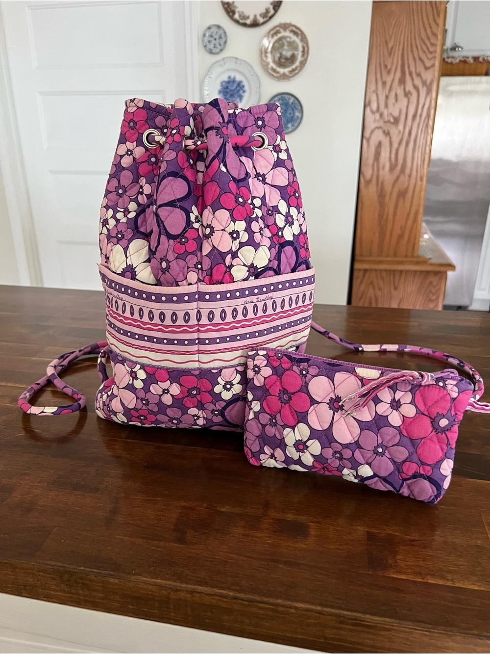 Vera Bradley Vintage Petal Power Purple Drawstring Backpack & Wristlet Set